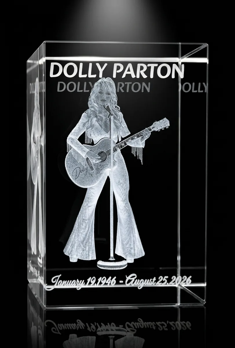 The Dolly Tribute — From our studio — memorial portrait with dates · Tall block · Lit base