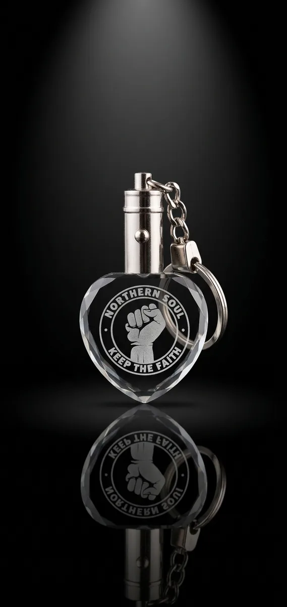 Heart-shaped K9 crystal keychain with an engraving inside