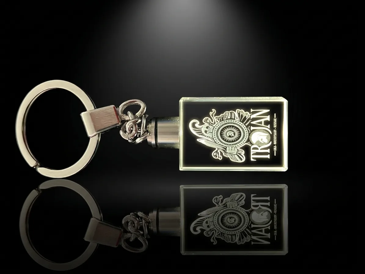 Rectangle K9 crystal keychain with a Trojan Spirit engraving and keyring